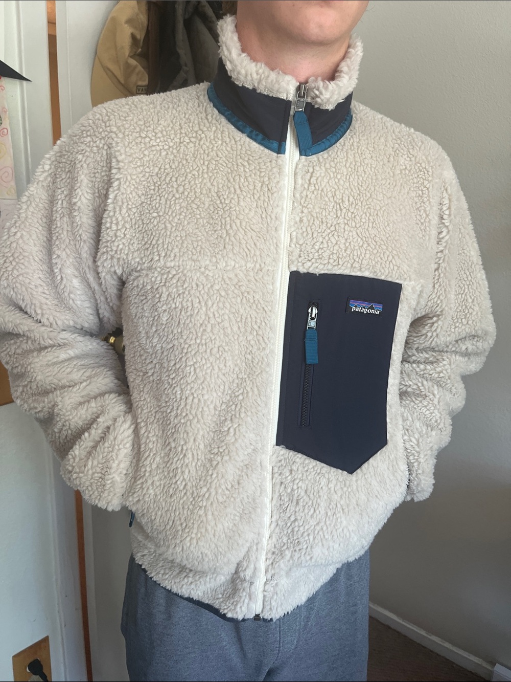 Patagonia Men's Classic Retro-X Fleece Jacket - Natural / Navy Blue - Picture 3 of 4